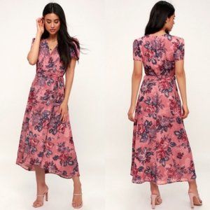 Wayf Pink Lorna Floral Wrap Midi Dress